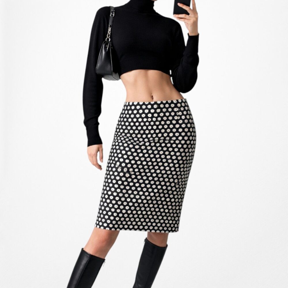 Vintage Y2K 90s Black White Knee Length Straight Pencil Bodycon Skirt Size S/M